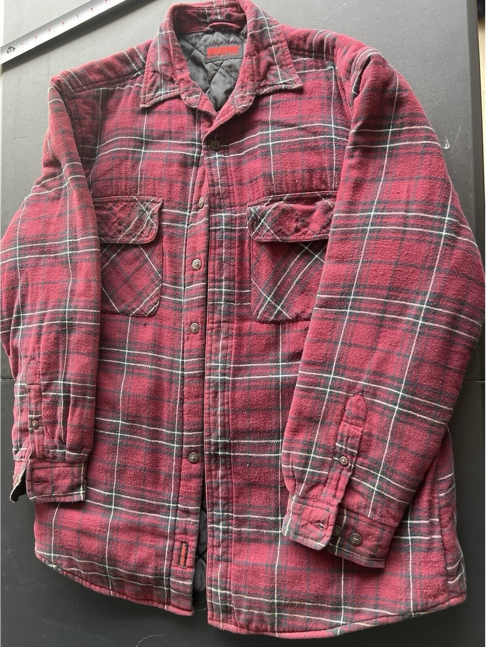 Wolverine Flannel Shirt Jacket Coat Mens Medium Red Navy Plaid Workwear